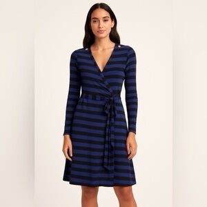 Banana Republic black & blue striped long sleeve wrap dress, L